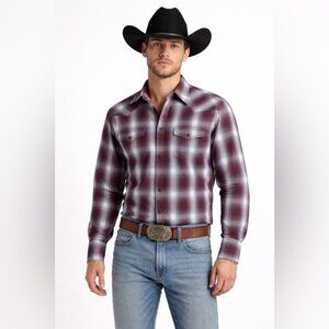 Vintage Wrangler Plaid Western Burgundy Pearl Snap Button Shirt L Tall Cotton